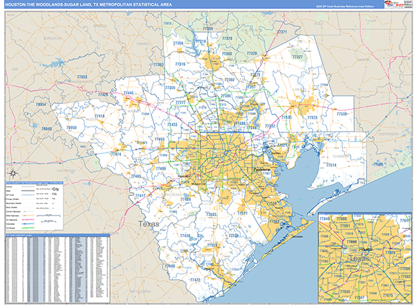 Houston-The Woodlands-Sugar Land Metro Area Wall Map Basic Style